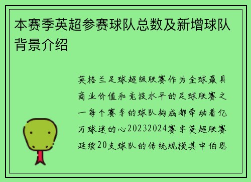 本赛季英超参赛球队总数及新增球队背景介绍