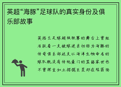 英超“海豚”足球队的真实身份及俱乐部故事