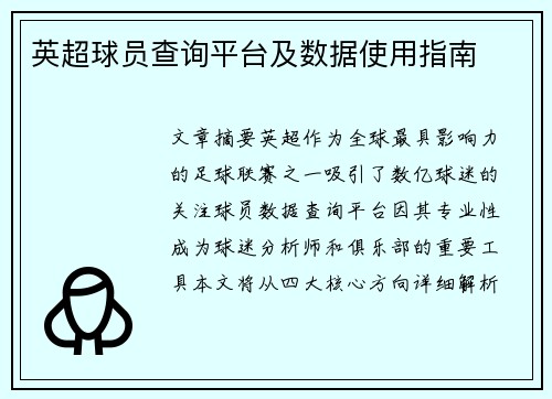 英超球员查询平台及数据使用指南