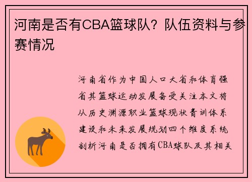 河南是否有CBA篮球队？队伍资料与参赛情况